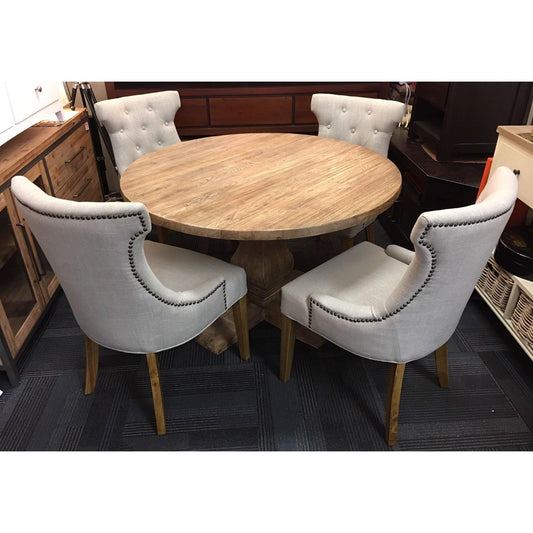 RHIANNON ROUND DINING TABLE IN RECYCLED ELM 120CM DIAMETER + 4 RIO DINING CHAIRS IN FLAXEEN - MyChocolateWood