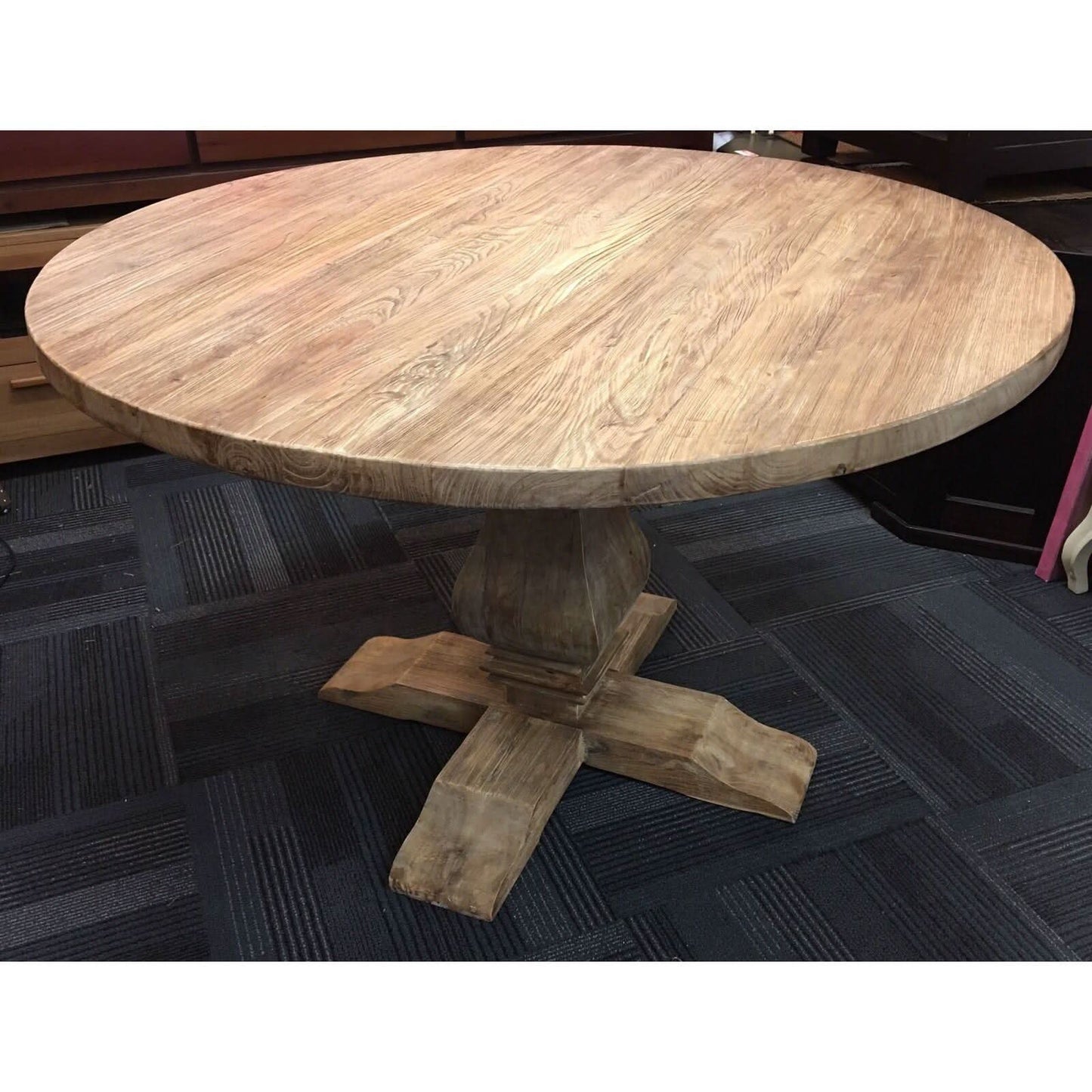 RHIANNON ROUND DINING TABLE IN RECYCLED ELM 120CM DIAMETER + 4 RIO DINING CHAIRS IN FLAXEEN - MyChocolateWood