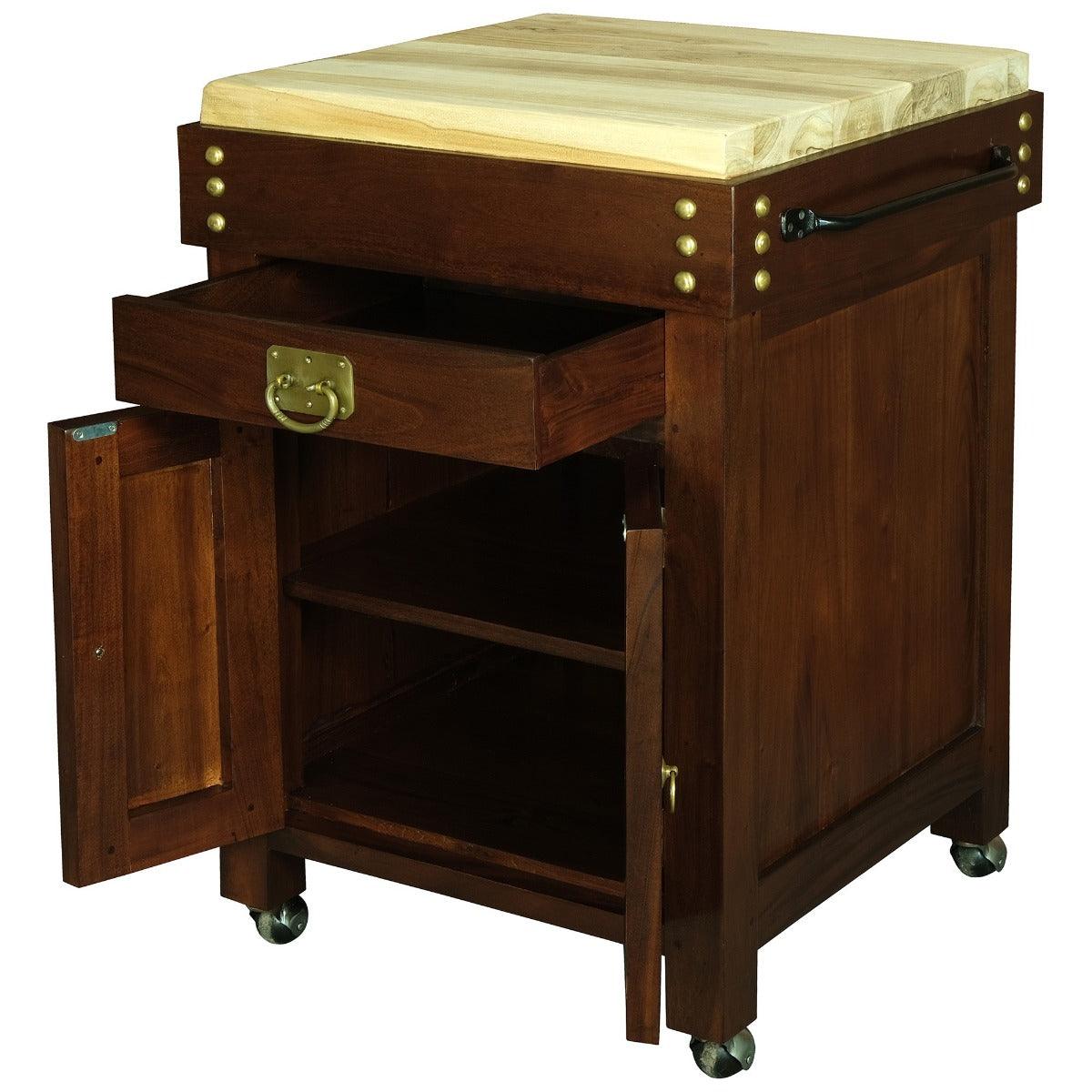 RICARDO SOLID MAHOGANY TIMBER SMALL BUTCHER BLOCK KITCHEN ISLAND WITH CASTORS - MAHOGANY COLOUR - MyChocolateWood