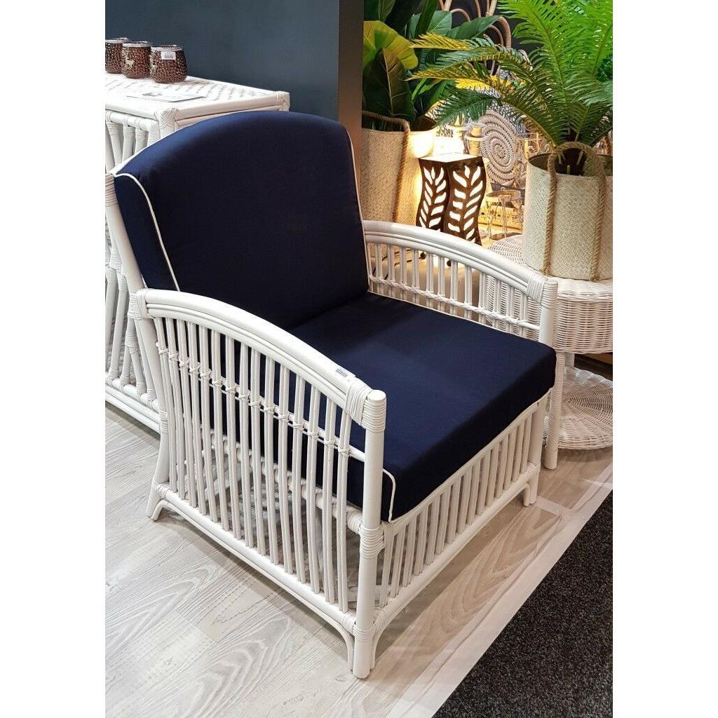 ROMAN WHITE RATTAN LOUNGE CHAIR/ ACCENT CHAIR/ ARMCHAIR W/BLUE CUSHION - MyChocolateWood