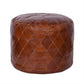 RONNIE ROUND OTTOMAN IN AGED LEATHER WITH DIAMOND EMBROIDERY DETAILING - MyChocolateWood