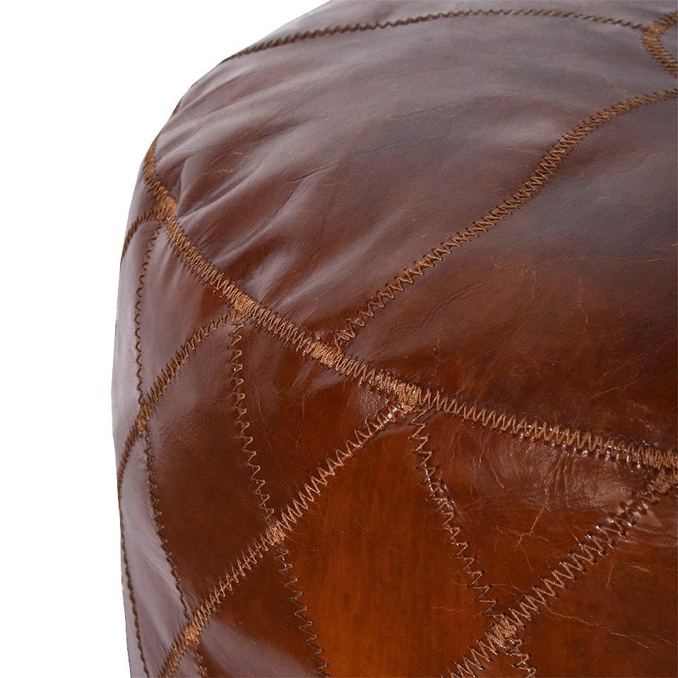 RONNIE ROUND OTTOMAN IN AGED LEATHER WITH DIAMOND EMBROIDERY DETAILING - MyChocolateWood
