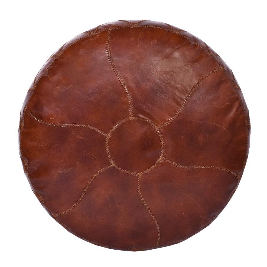 RONNIE ROUND OTTOMAN IN AGED LEATHER WITH DIAMOND EMBROIDERY DETAILING - MyChocolateWood