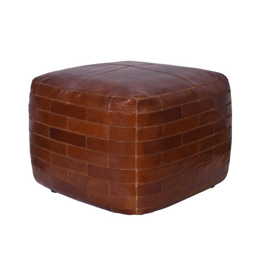 RONNIE SQUARE OTTOMAN IN AGED LEATHER WITH EMBROIDERED BRICK MOTIF - MyChocolateWood