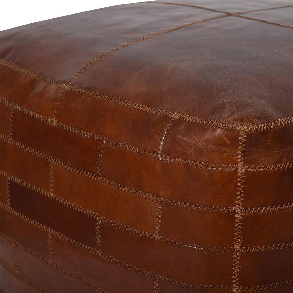 RONNIE SQUARE OTTOMAN IN AGED LEATHER WITH EMBROIDERED BRICK MOTIF - MyChocolateWood