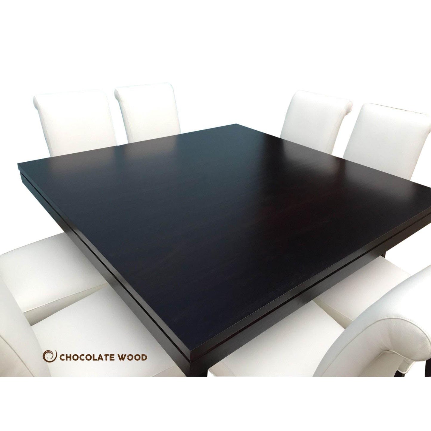 ROSA AUSSIE OAK SQUARE DINING TABLE IN BLACK 1500MM+ 8 WHITE LEATHER DINING CHAIRS - MyChocolateWood