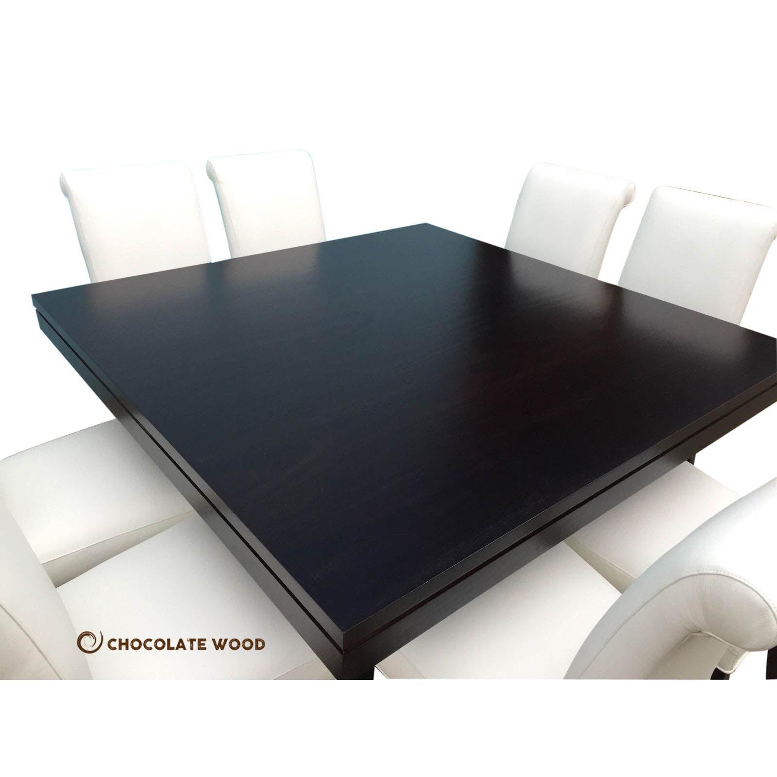 ROSA AUSSIE OAK SQUARE DINING TABLE IN BLACK 1500MM+ 8 WHITE LEATHER DINING CHAIRS - MyChocolateWood