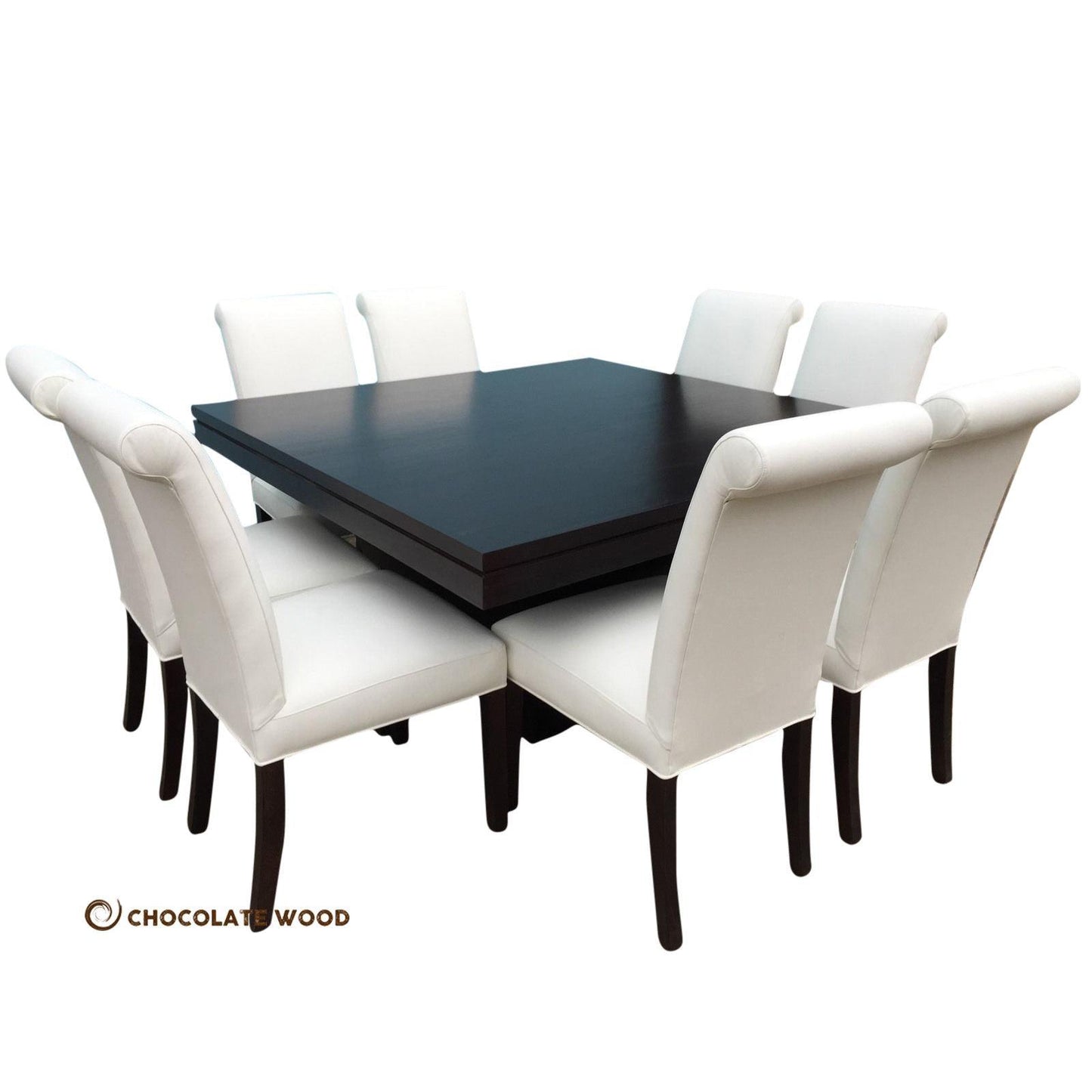 ROSA AUSSIE OAK SQUARE DINING TABLE IN BLACK 1500MM+ 8 WHITE LEATHER DINING CHAIRS - MyChocolateWood