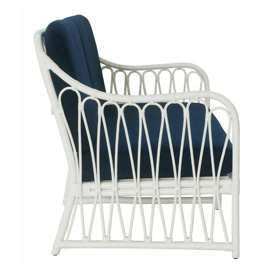 RUSSO HAMPTON WHITE RATTAN 2.5 SEATER SOFA SETTEE COUCH NAVY BLUE CUSHION - MyChocolateWood