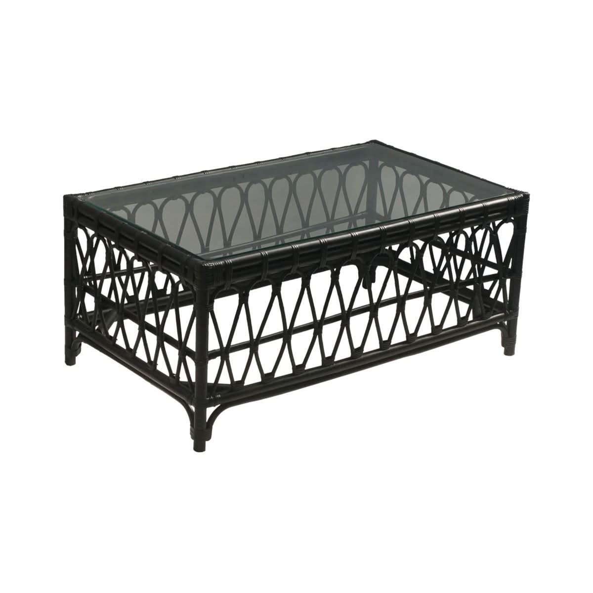 RUSSO TEMPERED GLASS TOP RATTAN COFFEE TABLE IN SOLID BLACK - MyChocolateWood