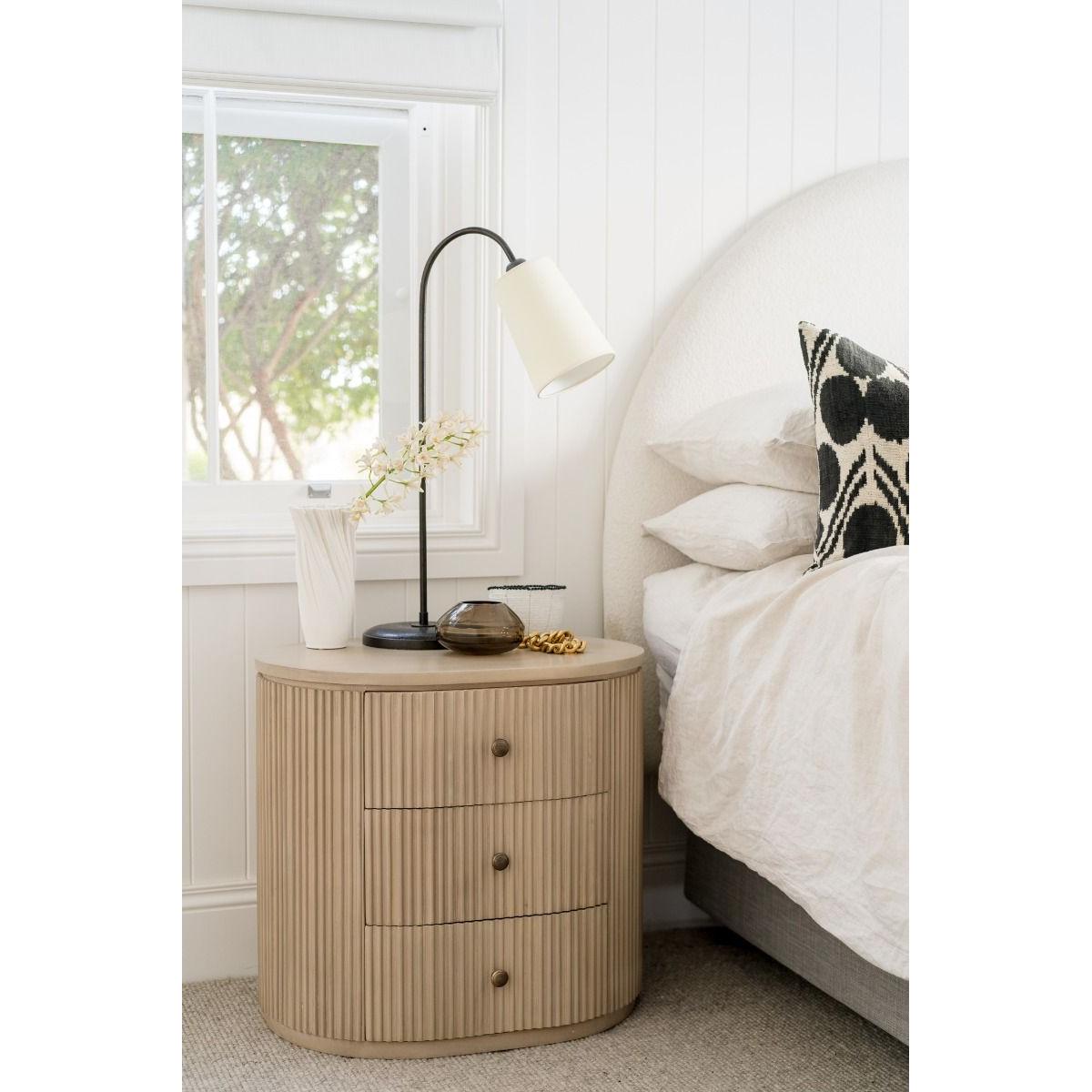 SABRAN MAHOGANY OVAL 3-DRAWER BEDSIDE TABLE NIGHTSTAND SANDBAR