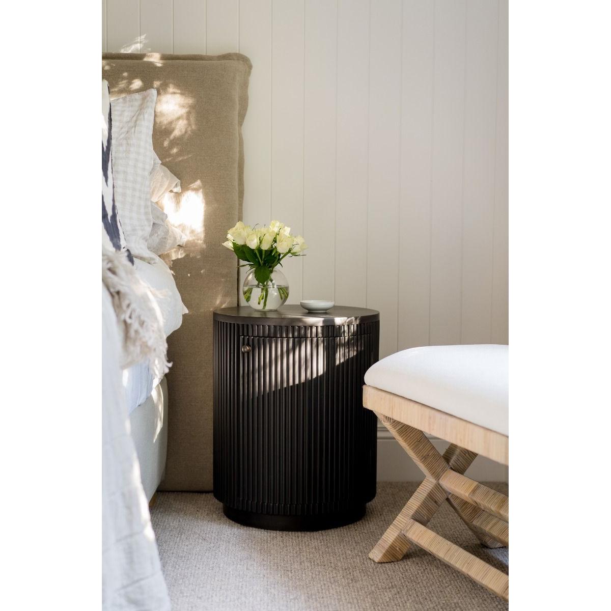 SABRAN MAHOGANY ROUND 3-DRAWER BEDSIDE TABLE NIGHTSTAND GREY OAK