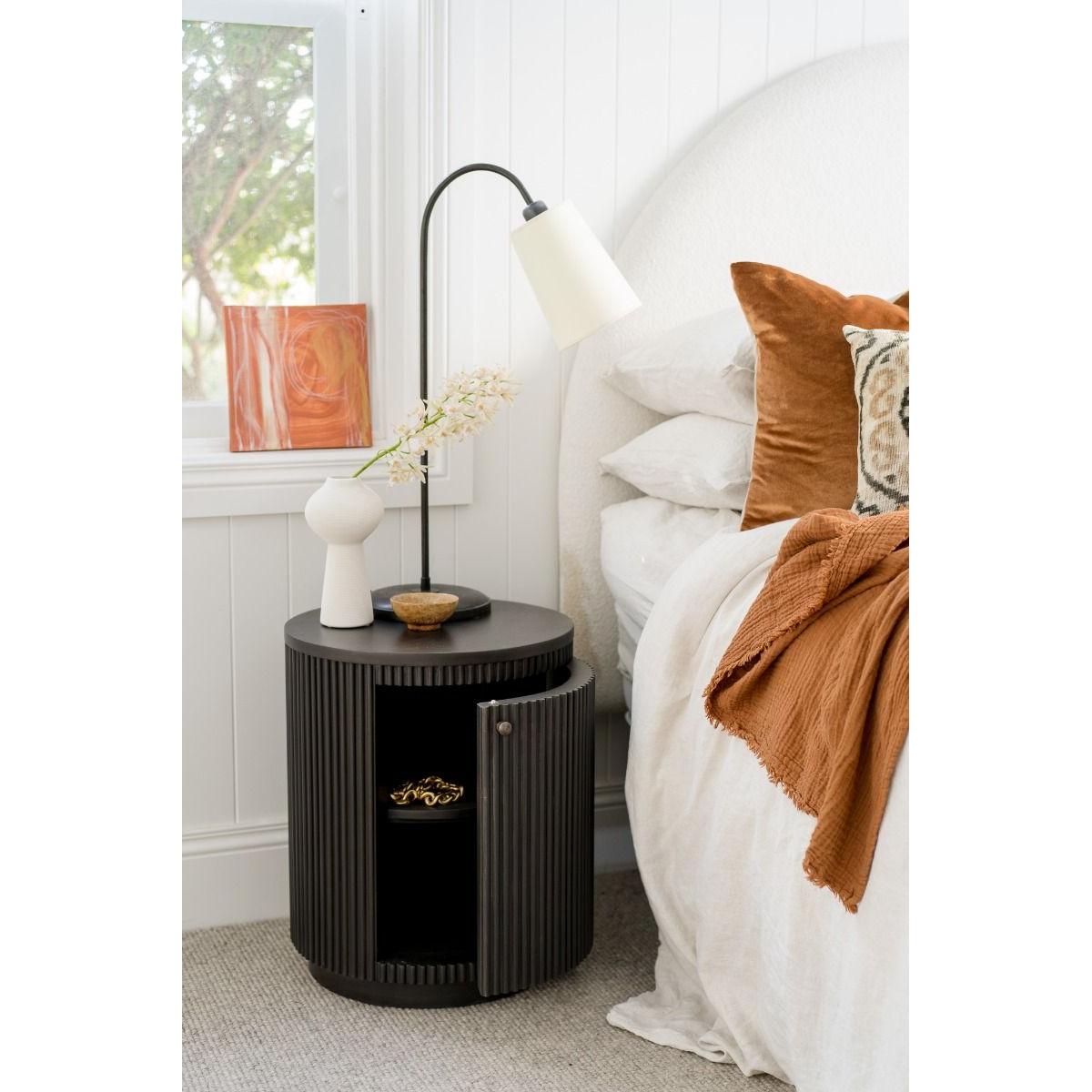 SABRAN MAHOGANY ROUND 3-DRAWER BEDSIDE TABLE NIGHTSTAND GREY OAK