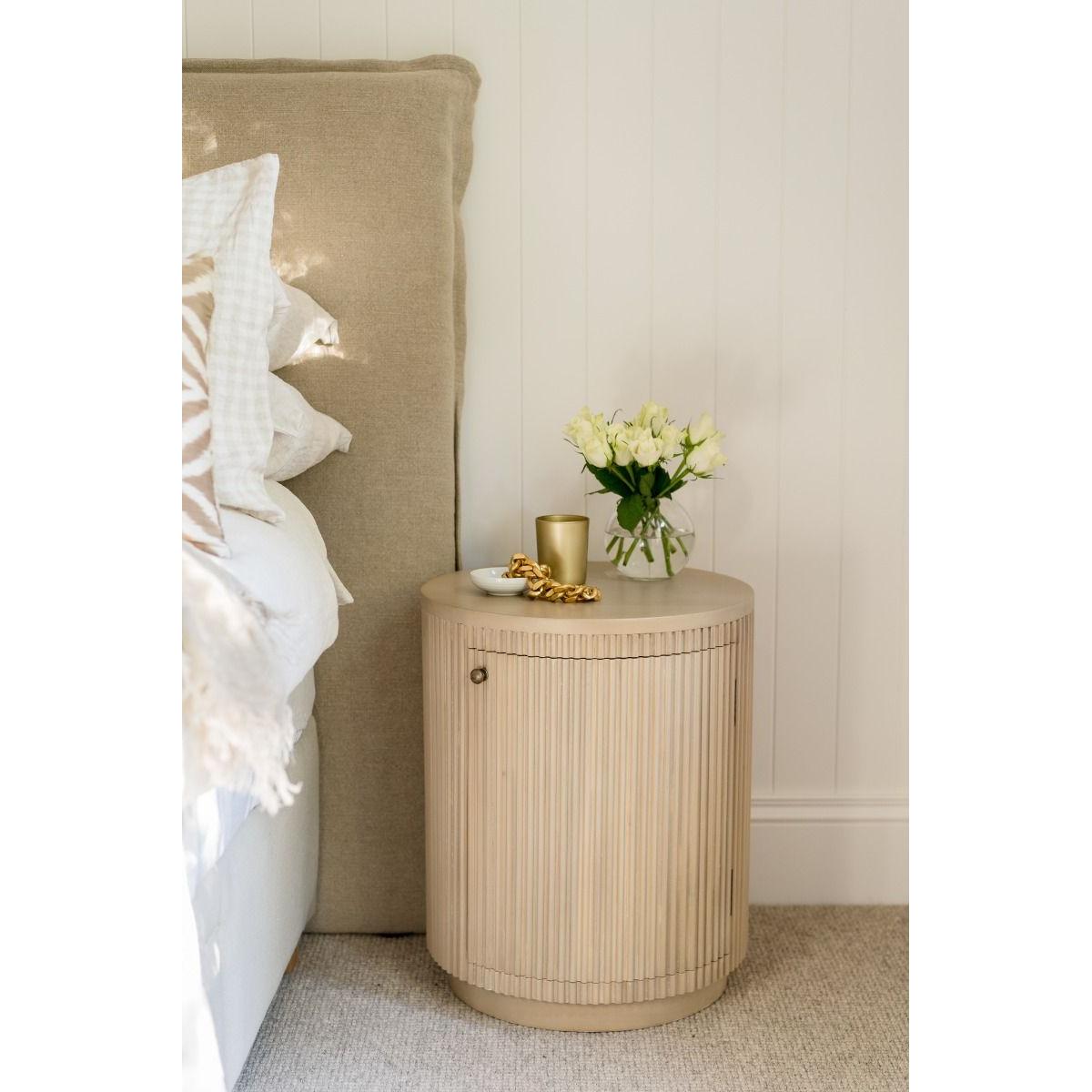 SABRAN MAHOGANY ROUND 3-DRAWER BEDSIDE TABLE NIGHTSTAND SANDBAR