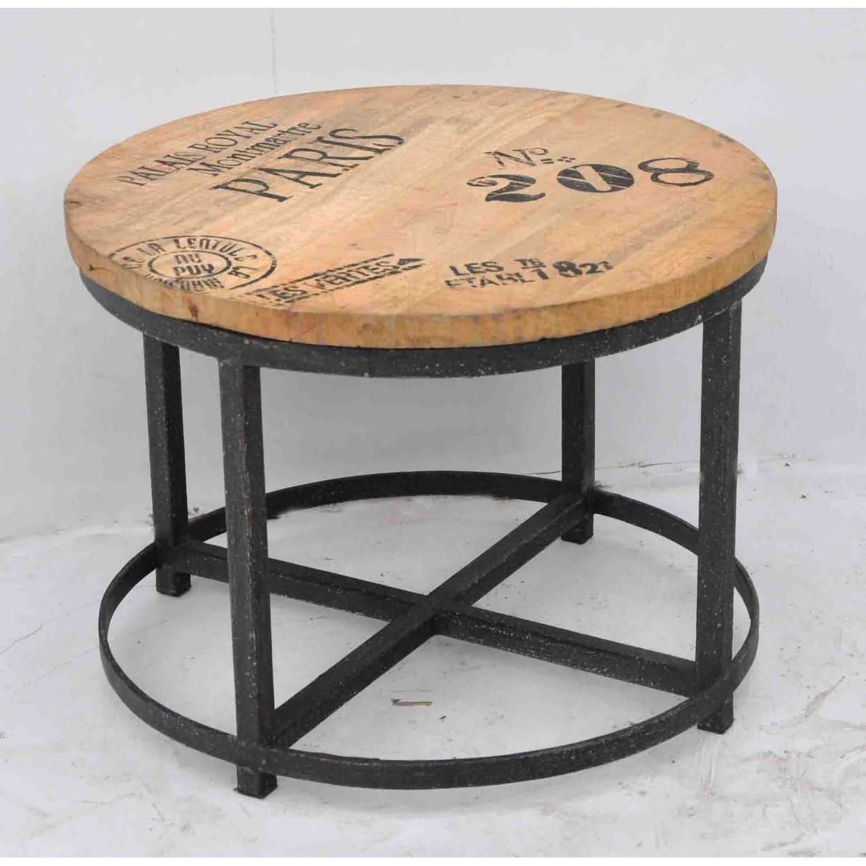 SADIE SOLID MANGO WOOD ROUND COFFEE TABLE WITH IRON LEGS INDUSTRIAL STYLE MARKS. - MyChocolateWood