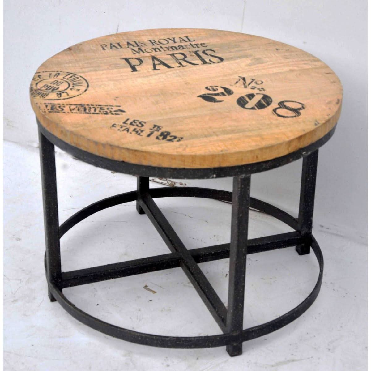 SADIE SOLID MANGO WOOD ROUND COFFEE TABLE WITH IRON LEGS INDUSTRIAL STYLE MARKS. - MyChocolateWood