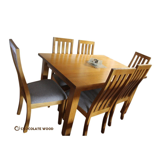 SADLER EXTENSION DINING TABLE IN TASSIE OAK + 6 DINING CHAIRS - MADE TO ORDER - MyChocolateWood