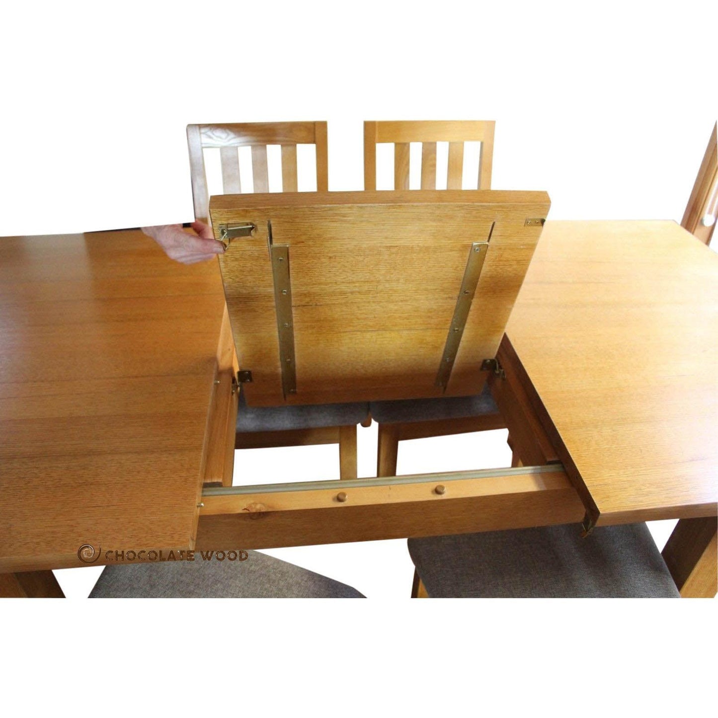 SADLER EXTENSION DINING TABLE IN TASSIE OAK + 6 DINING CHAIRS - MADE TO ORDER - MyChocolateWood