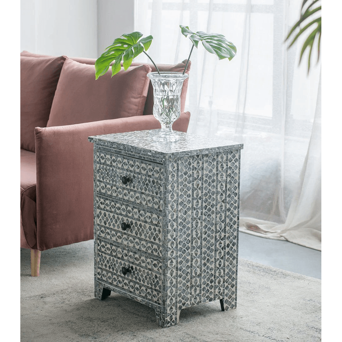 SANTA FE SIDE SHELL INLAY 3 DRAWER SIDE TABLE/BEDSIDE TABLE - MyChocolateWood