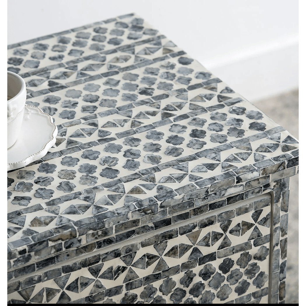 SANTA FE SIDE SHELL INLAY 3 DRAWER SIDE TABLE/BEDSIDE TABLE - MyChocolateWood