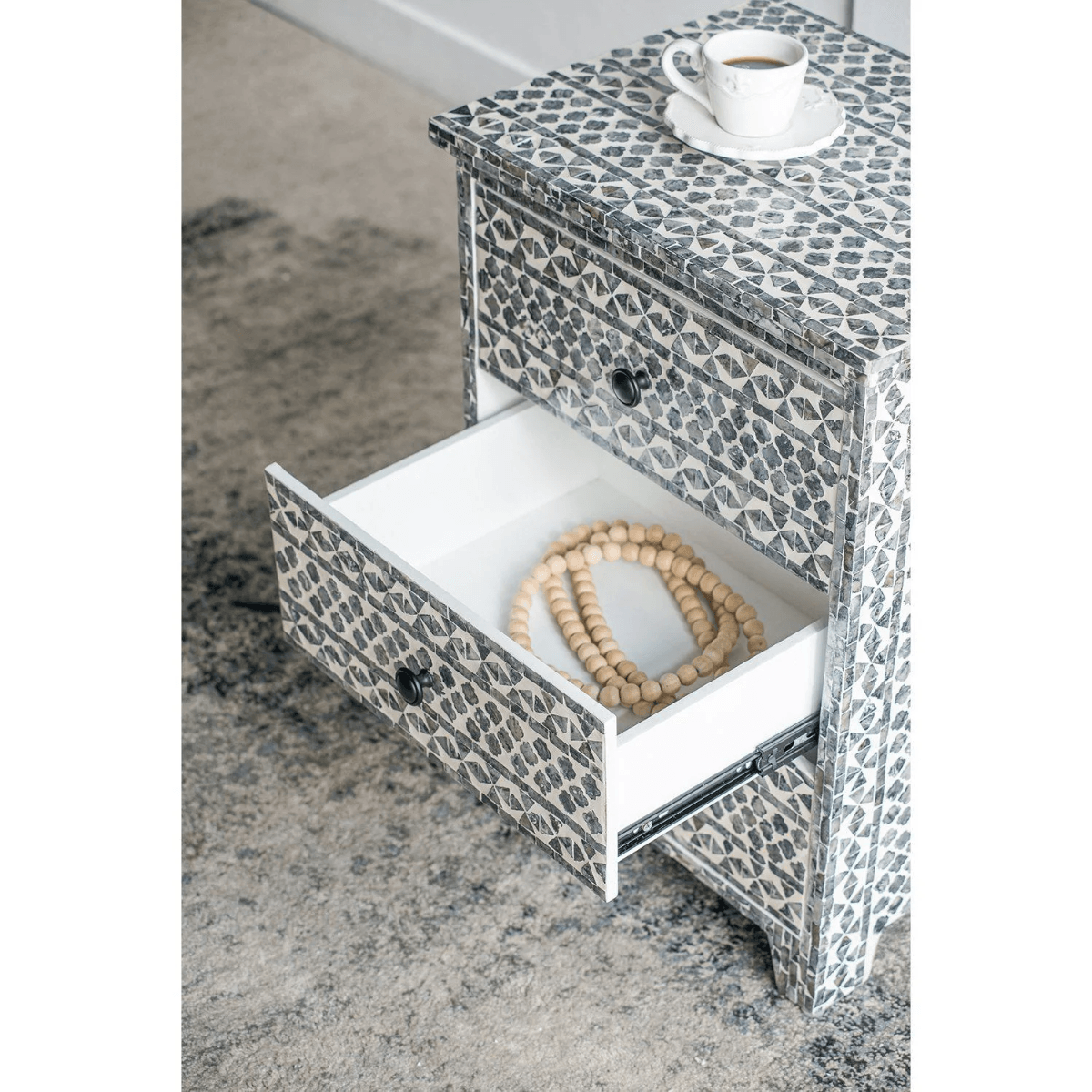 SANTA FE SIDE SHELL INLAY 3 DRAWER SIDE TABLE/BEDSIDE TABLE - MyChocolateWood