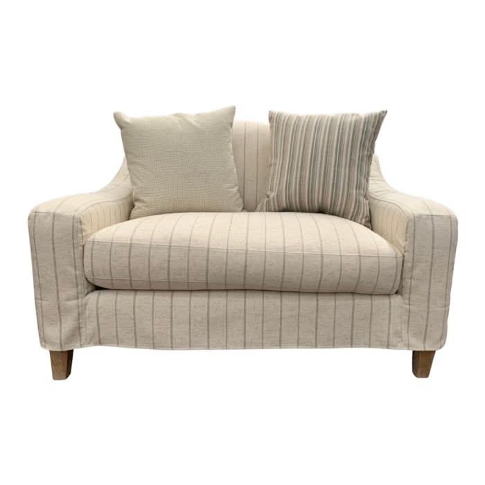 SERVINI FABRIC 1.5 SEATER LOUNGE SOFA CALANTINO STRIPE WITH CONTRASTING THROWS - MyChocolateWood