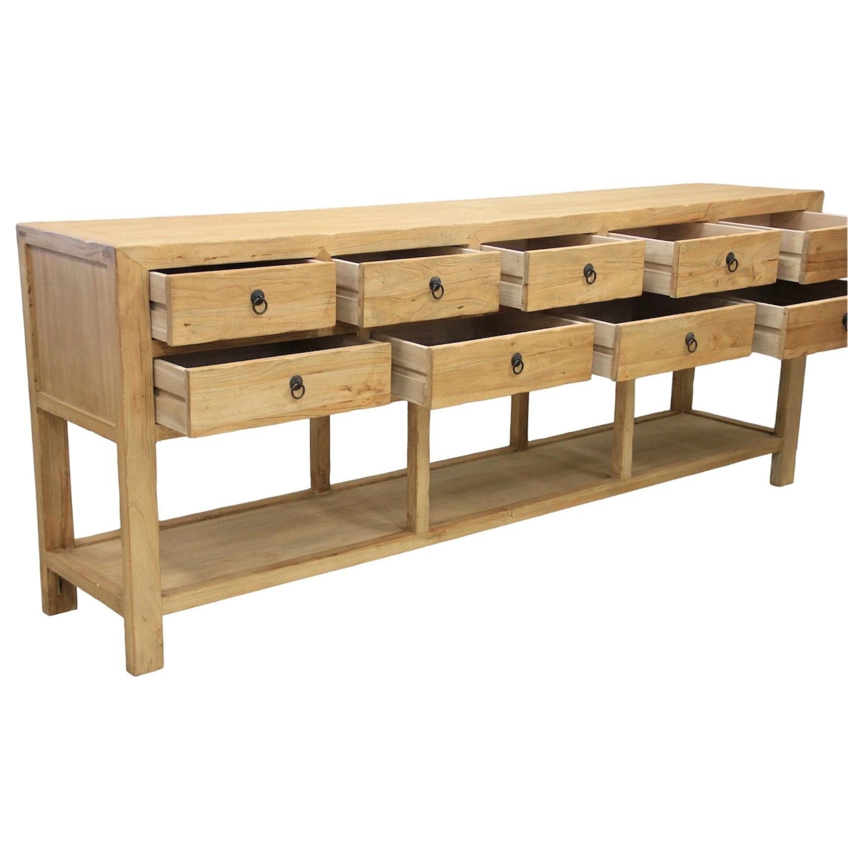 SHULI CHINESE ANTIQUE REPRODUCTION 9-DRAWER HALL TABLE WITH SHELF RECLAIMED ELM - MyChocolateWood