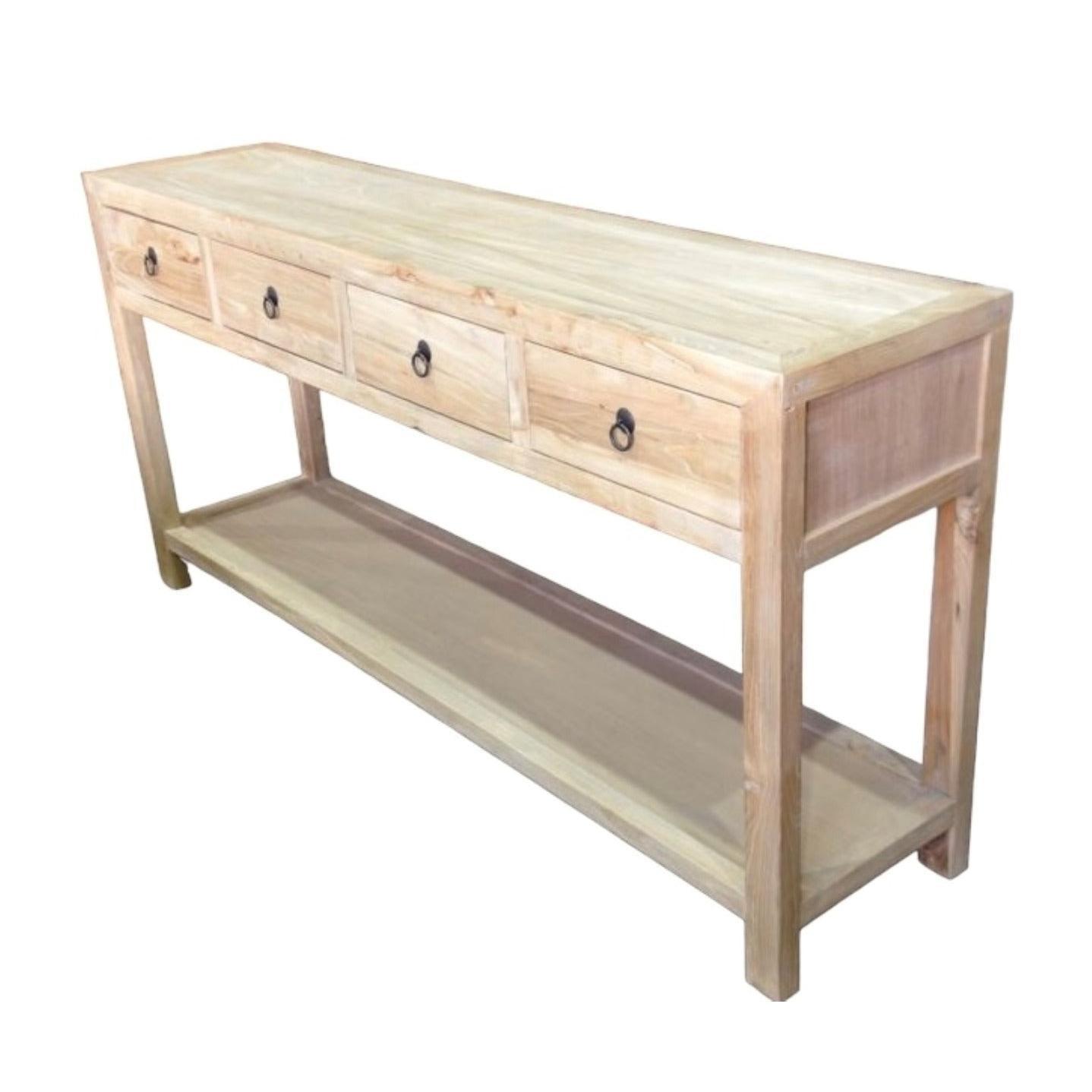 SHULI CHINESE ANTIQUE REPRODUCTION HALL TABLE/CONSOLE WITH SHELF & 4 DRAWERS RECLAIMED ELM - MyChocolateWood