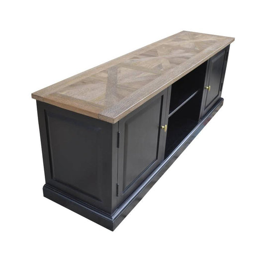 SORANZO MANGO WOOD 2-DOOR 1 SHELF ETU TELEVISION UNIT HANDCRAFTED PARQUET TOP OAK/BLACK