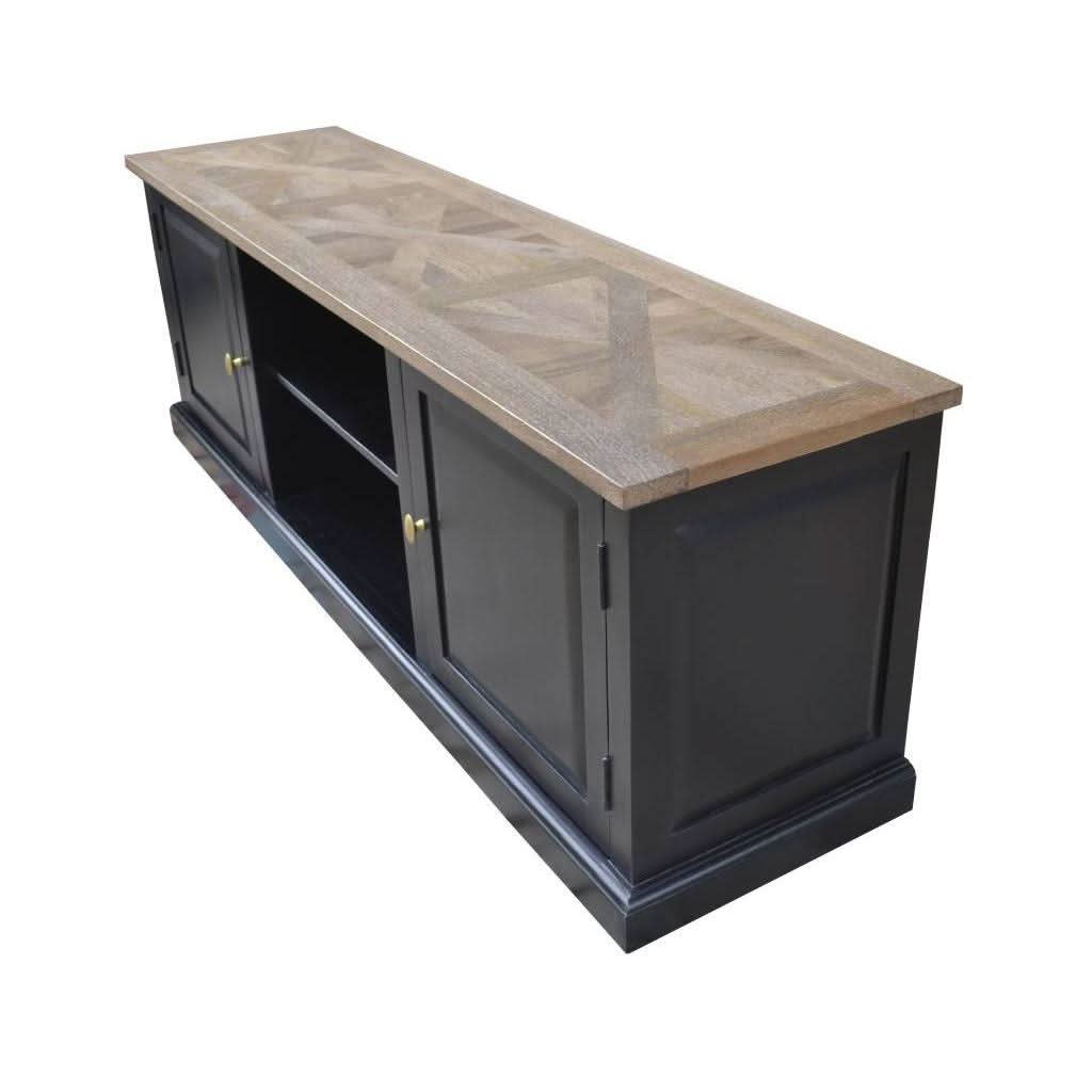 SORANZO MANGO WOOD 2-DOOR 1 SHELF ETU TELEVISION UNIT HANDCRAFTED PARQUET TOP OAK/BLACK - MyChocolateWood