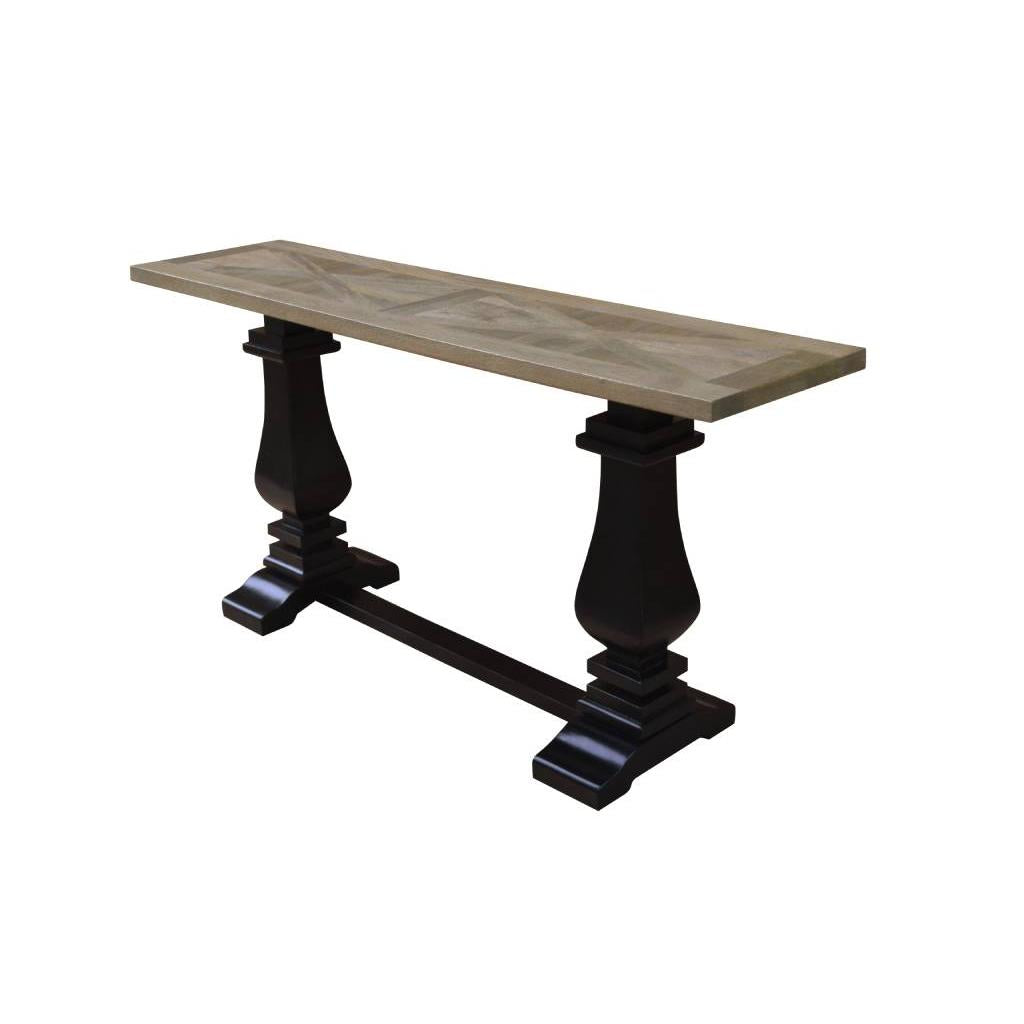 SORANZO MANGO WOOD CONSOLE TABLE HALL TABLE HANDCRAFTED PARQUET TOP OAK/BLACK 160CM FRENCH PROVINCIAL
