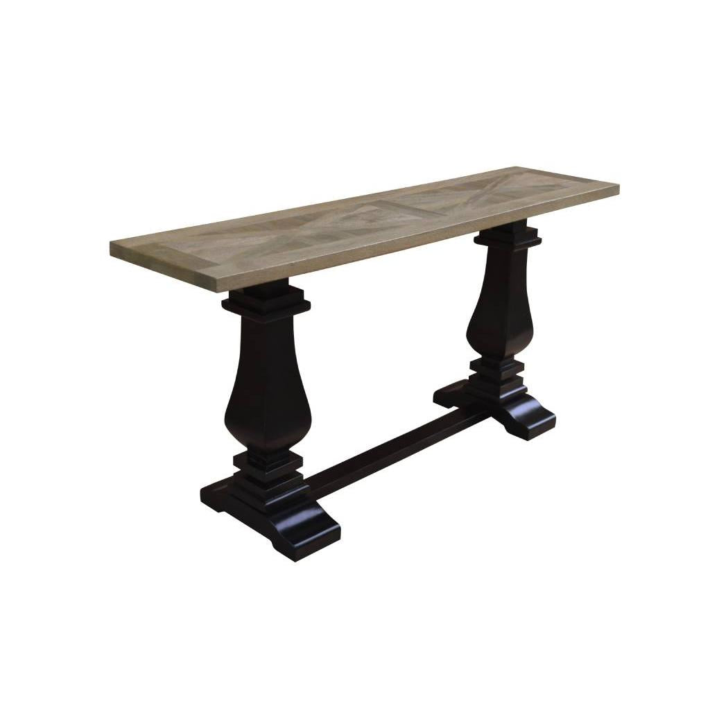 SORANZO MANGO WOOD CONSOLE TABLE HALL TABLE HANDCRAFTED PARQUET TOP OAK/BLACK 160CM FRENCH PROVINCIAL