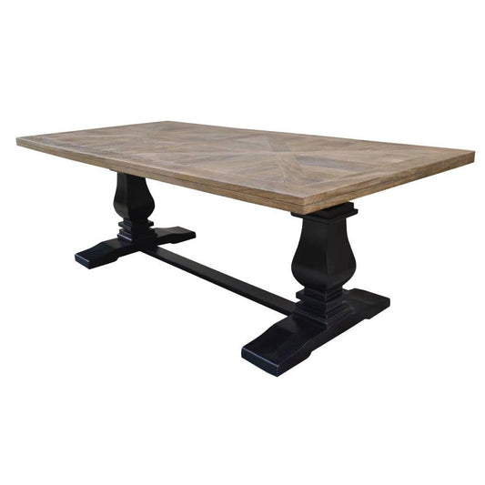 SORANZO MANGO WOOD DINING TABLE HANDCRAFTED PARQUET TOP OAK/BLACK 230CM FRENCH PROVINCIAL