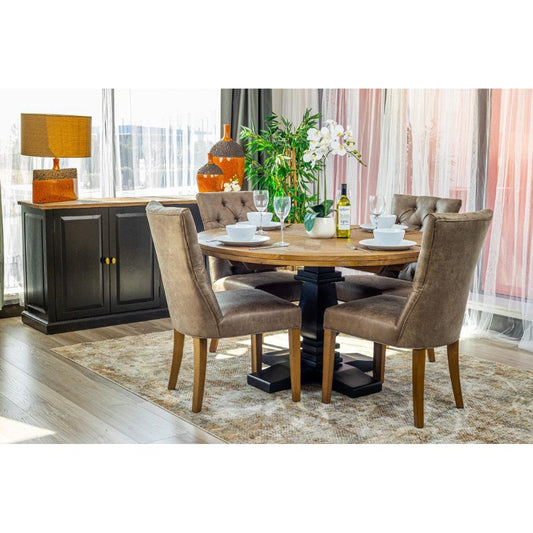 SORANZO MANGO WOOD ROUND DINING TABLE HANDCRAFTED PARQUET TOP OAK/BLACK 135CM & 4 OPEL DINING CHAIRS