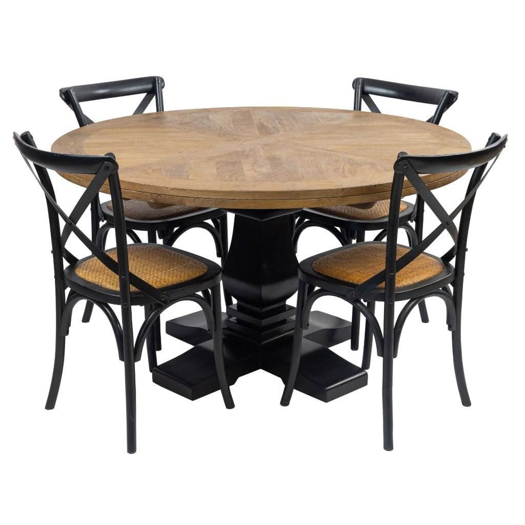 SORANZO MANGO WOOD ROUND DINING TABLE HANDCRAFTED PARQUET TOP OAK/BLACK 135CM FRENCH PROVINCIAL - MyChocolateWood