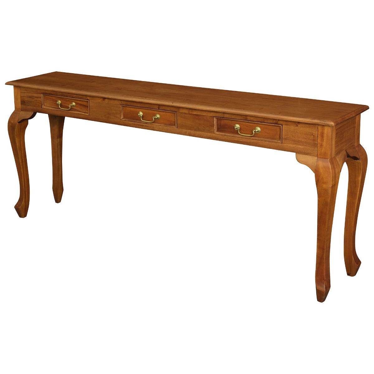 STEWART QUEEN ANN STYLE SOLID MAHOGANY CONSOLE TABLE/HALLWAY TABLE 3 DRAWERS LIGHT PECAN 180CM - MyChocolateWood