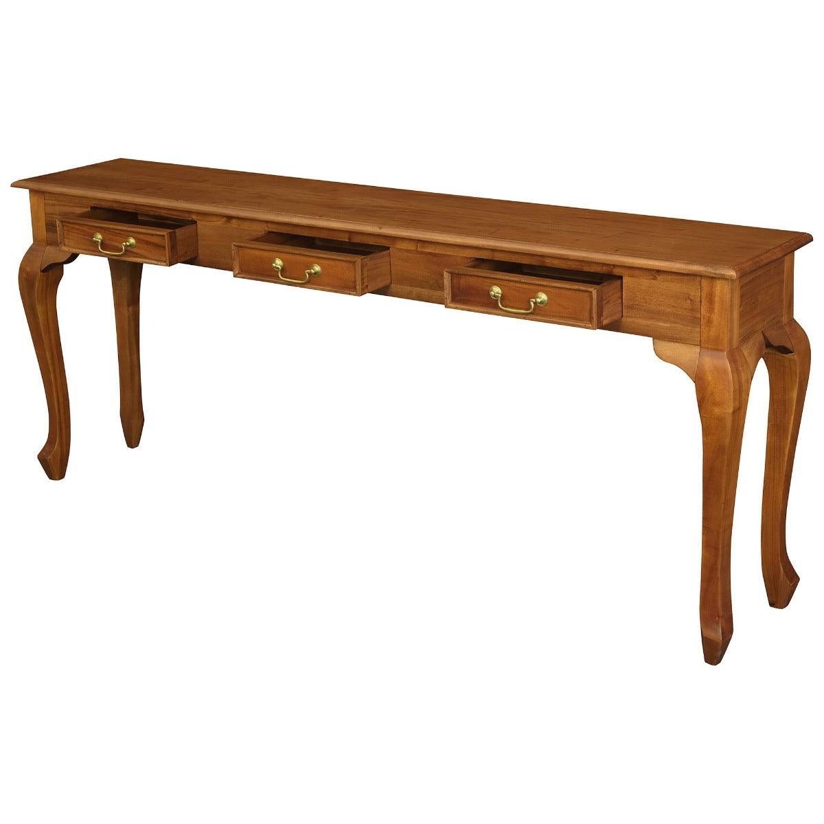 STEWART QUEEN ANN STYLE SOLID MAHOGANY CONSOLE TABLE/HALLWAY TABLE 3 DRAWERS LIGHT PECAN 180CM - MyChocolateWood