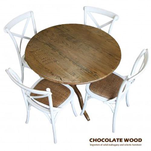 Stunning Solid oak round dining table with pedestal + 5 white cross back dining chairs - 120cm - MyChocolateWood