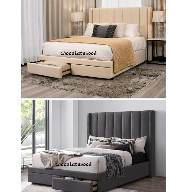 SURRI FABRIC QUEEN BED 2 DRAWERS IN LICORICE - MyChocolateWood