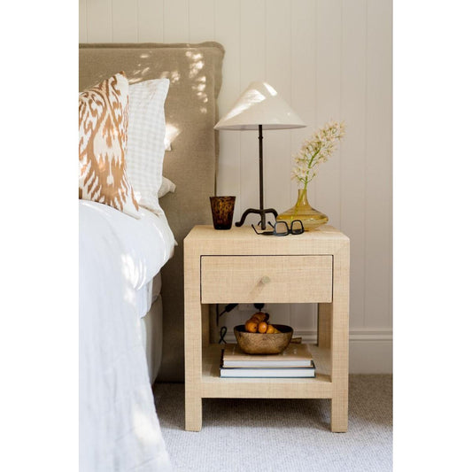 SWANN MAHOGANY FRAME RAFFIA 1 DRAWER BEDSIDE TABLE NIGHTSTAND