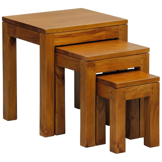 TANAKA SOLID MAHOGANY NEST OF TABLES/SET OF 3 SMALL SOLID MAHOGANY TABLES IN LIGHT PECAN - MyChocolateWood