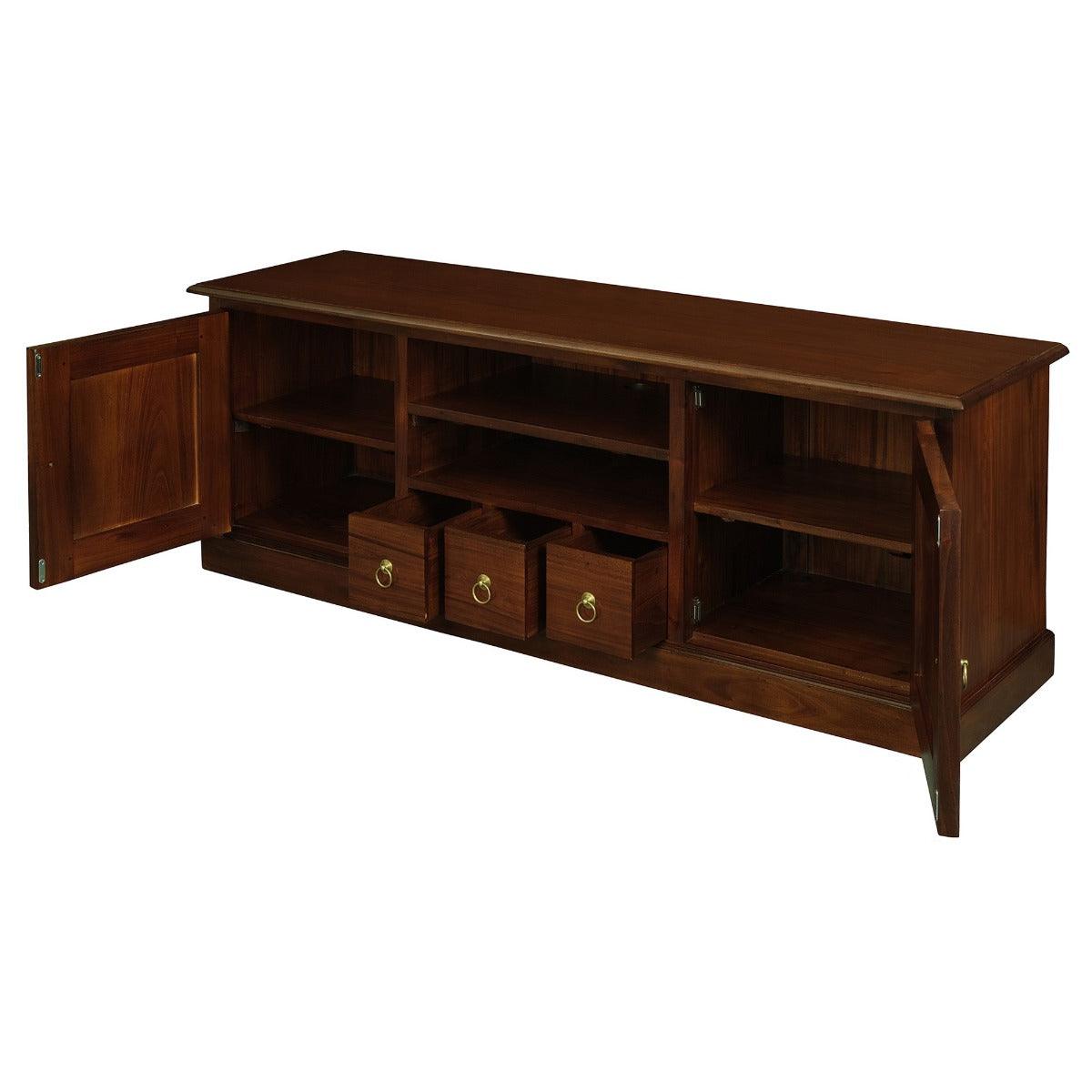TASMANIA MAHOGANY TIMBER TV UNIT 2 DOORS & 3 CD DRAWERS IN MAHOGANY 160CM - MyChocolateWood