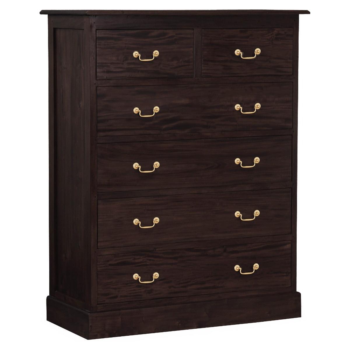 TASMANIA SOLID MAHOGANY JUMBO SIZE 6 DRAWERS TALLBOY/CHEST OF 6 DRAWERS IN CHOCOLATE - MyChocolateWood