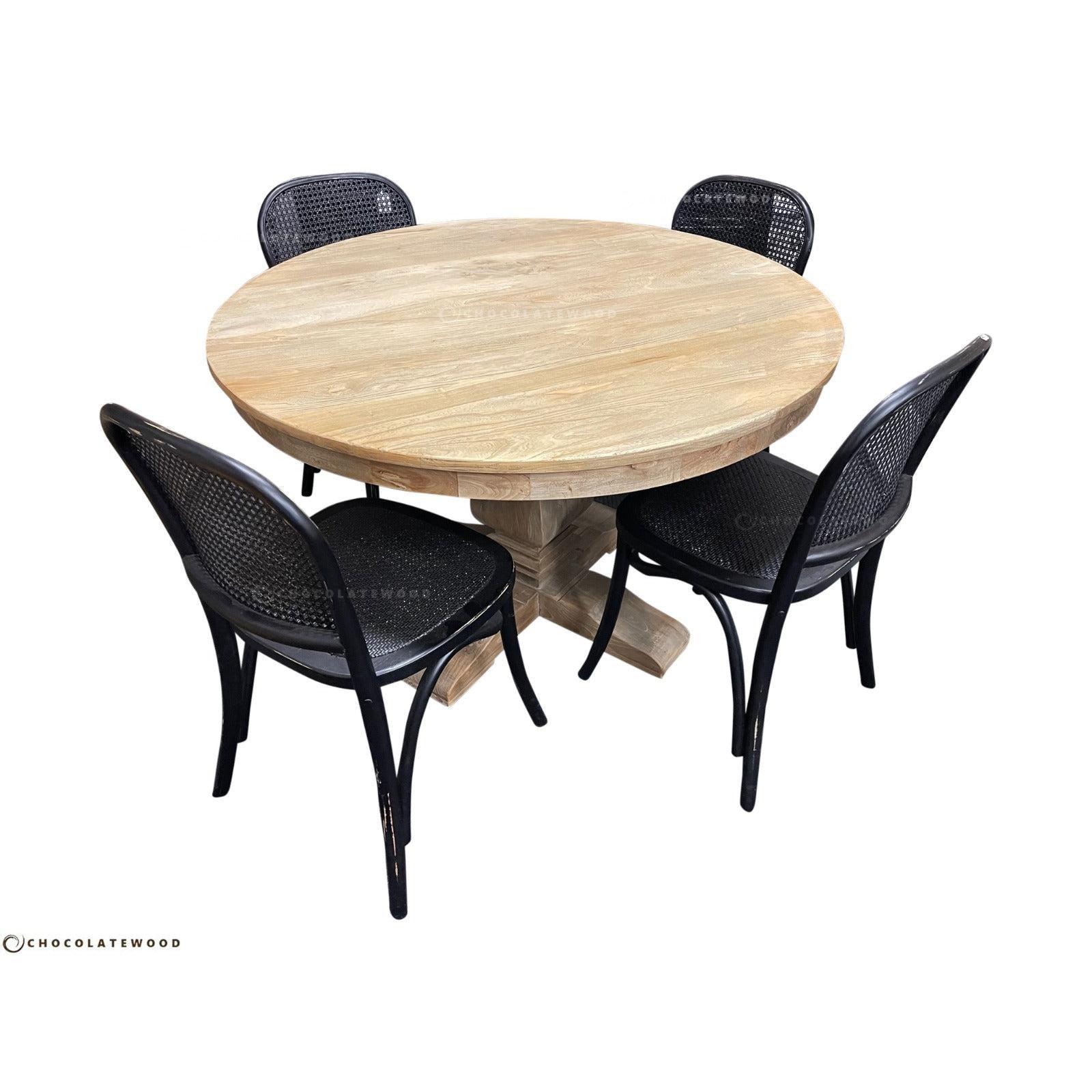 TIVOLI ROUND DINING TABLE 140CM DIAMETER +4 BERMUDA DINING CHAIRS IN BLACK - MyChocolateWood