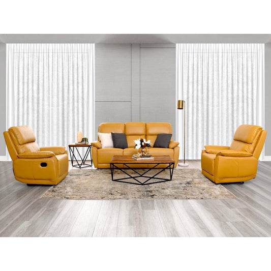 TORELLI GENUINE LEATHER 3-SEATER RECLINER  +2 SINGLE RECLINER ARMCHAIRS  LOUNGE SUITE MUSTARD