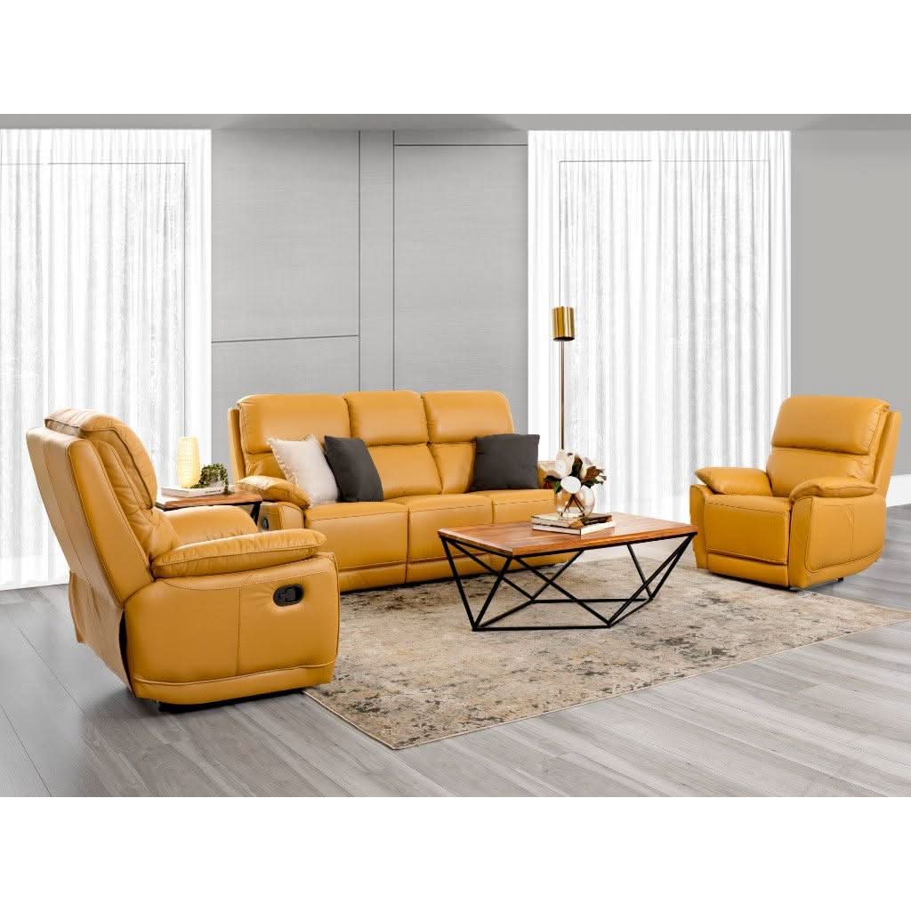 TORELLI GENUINE LEATHER 3-SEATER RECLINER  +2 SINGLE RECLINER ARMCHAIRS  LOUNGE SUITE MUSTARD - MyChocolateWood