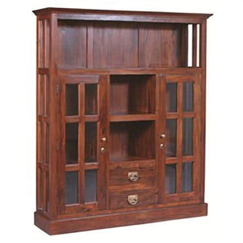 Two Drawer + 2 Glass Door Solid Mahogany Display Cabinet - Mahogany - MyChocolateWood