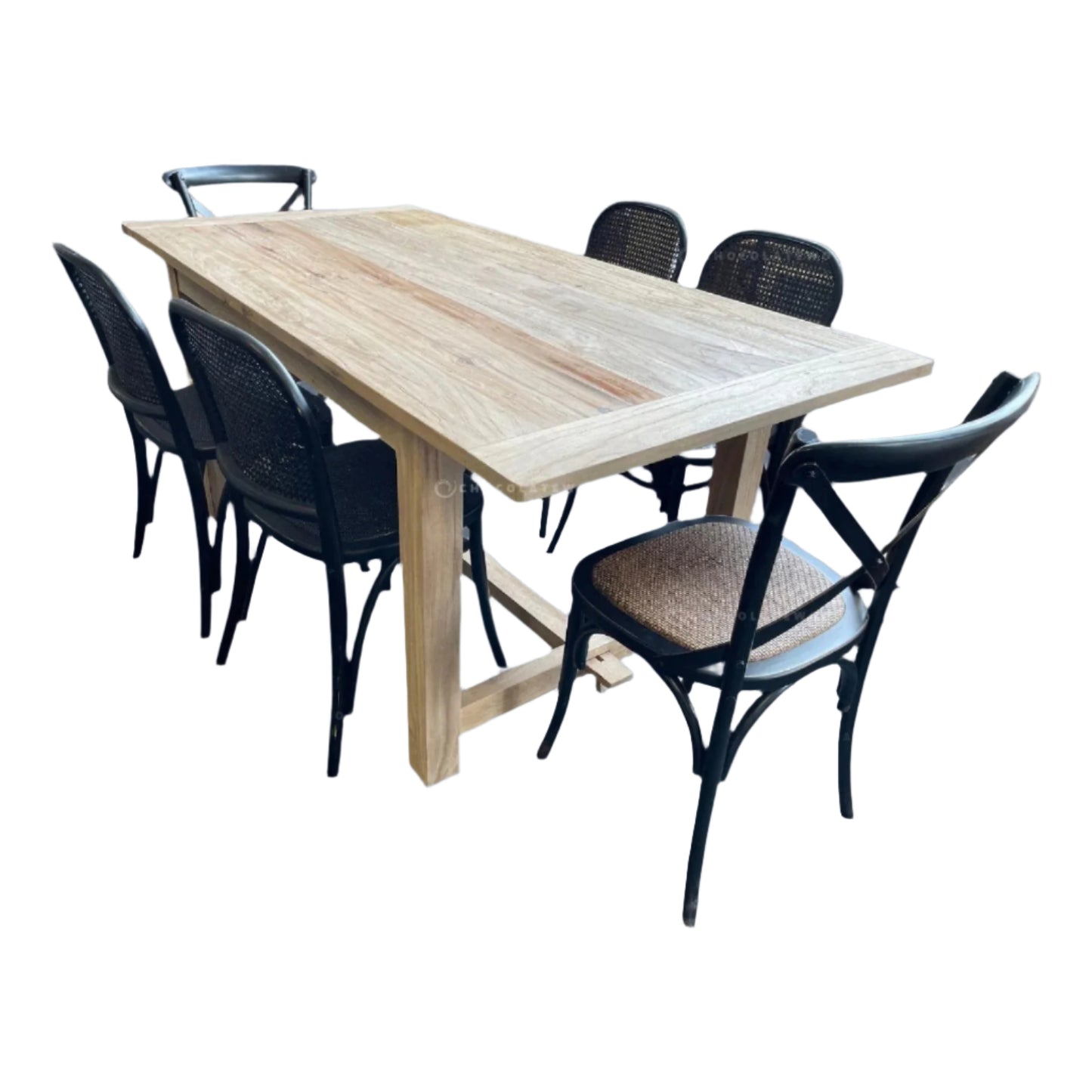 VALENCIA RECYCLED ELM DINING TABLE 184CM + 6 RECYCLED ELM BLACK BERMUDA DINING CHAIRS - MyChocolateWood