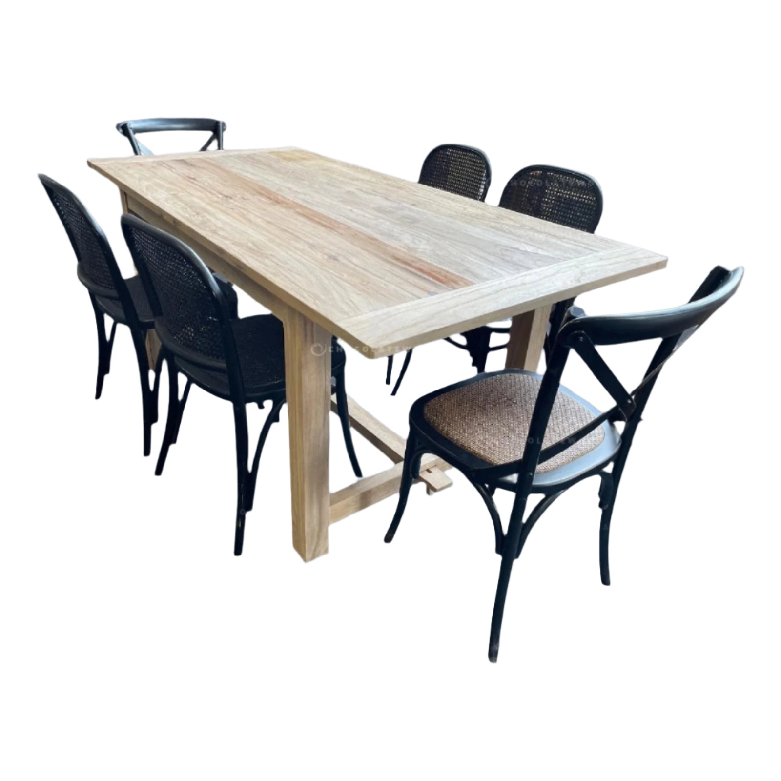VALENCIA RECYCLED ELM DINING TABLE 184CM + 6 RECYCLED ELM BLACK BERMUDA DINING CHAIRS - MyChocolateWood