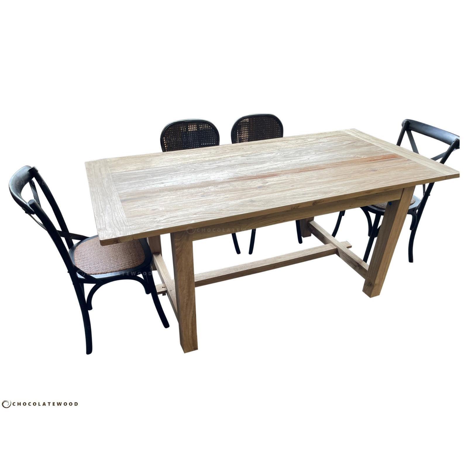 VALENCIA RECYCLED ELM DINING TABLE 184CM + 6 RECYCLED ELM BLACK BERMUDA DINING CHAIRS - MyChocolateWood